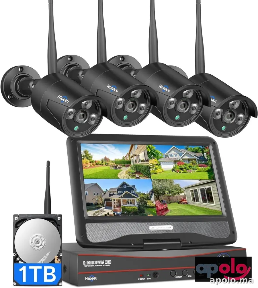 Hiseeu Wireless Security Camera System with 10.1" LCD 8MP Monitor, 4Pcs 5MP